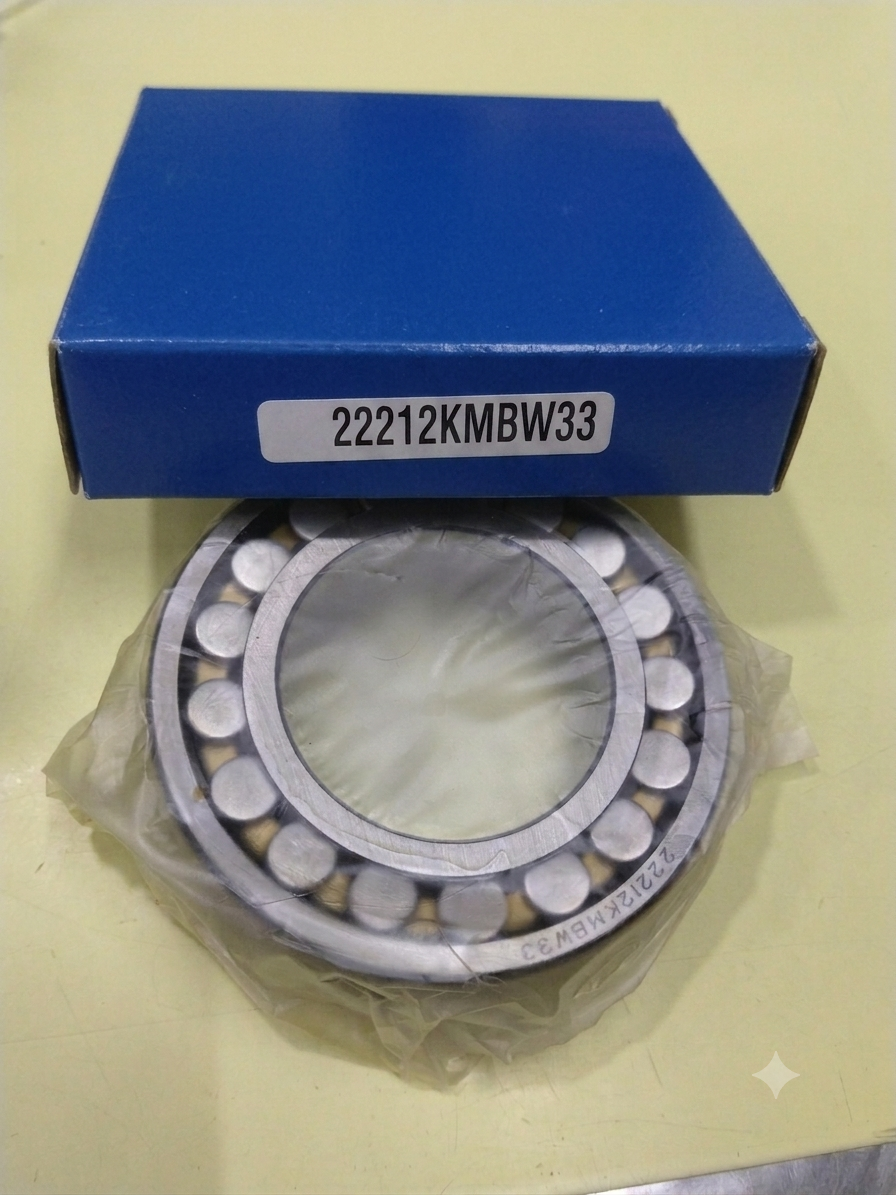 A 222212 K metal bearing wrapped in clear plastic, placed in front of a blue cardboard box with the printed code 22212KMBW33 on a pale yellow surface. Spherical roller bearing tapered.
